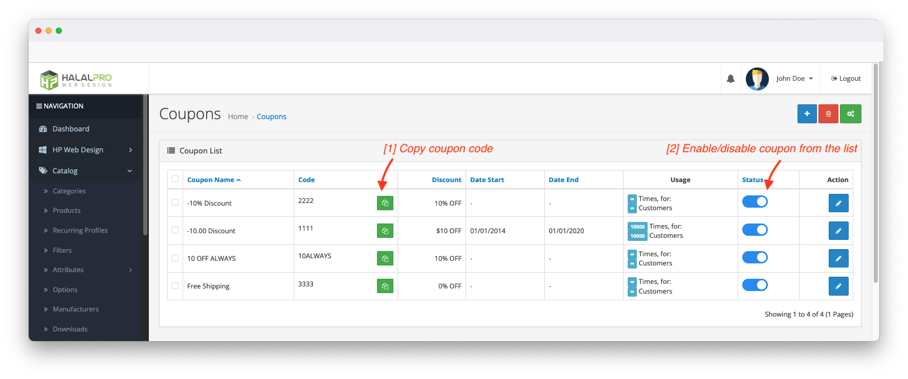 coupon management on opencart admin dashboard